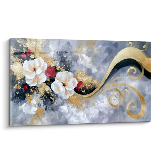 Tableau Fleurs blanches et spirale dorée - Élan raffiné - Edition fleur abstrait