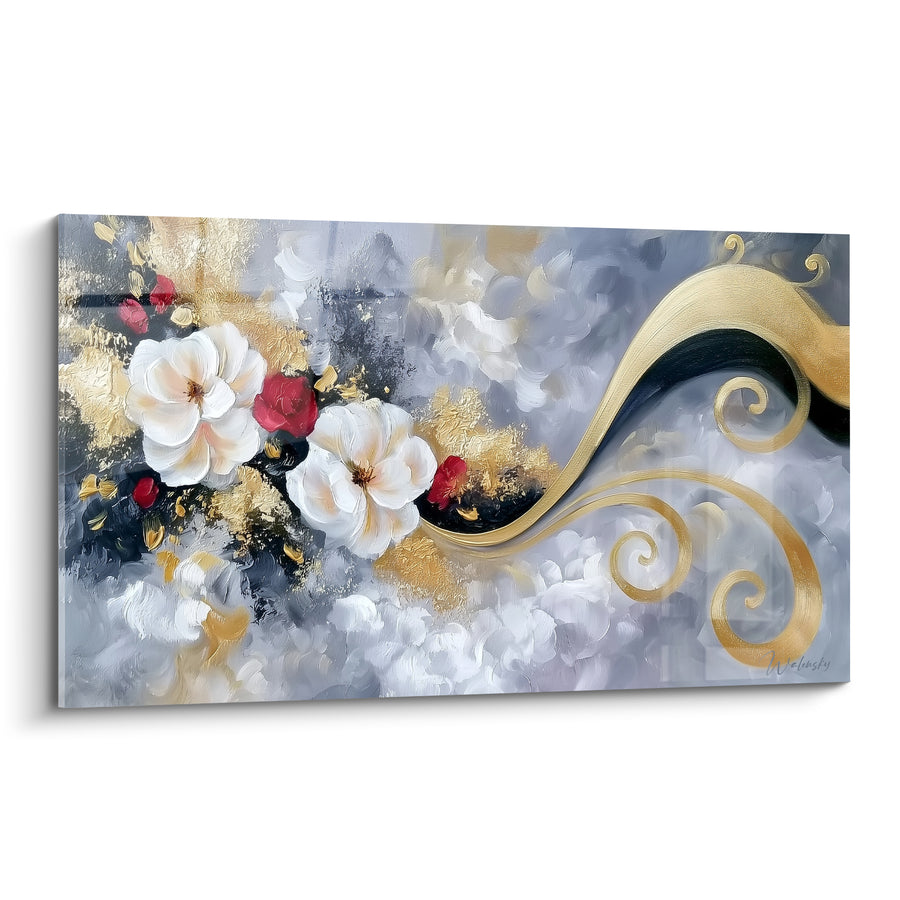 Tableau Fleurs blanches et spirale dorée - Élan raffiné - Edition fleur abstrait
