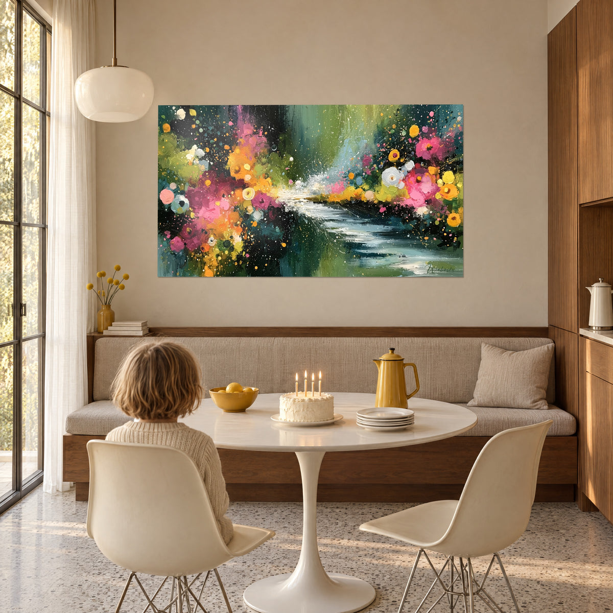 Gemälde dicke rosa, orangefarbene und weiße Blütenkronen auf moosgrünem Grund, schäumender Bach, in einem Wohnbereich mit rundem Tisch und Geburtstagskuchen
