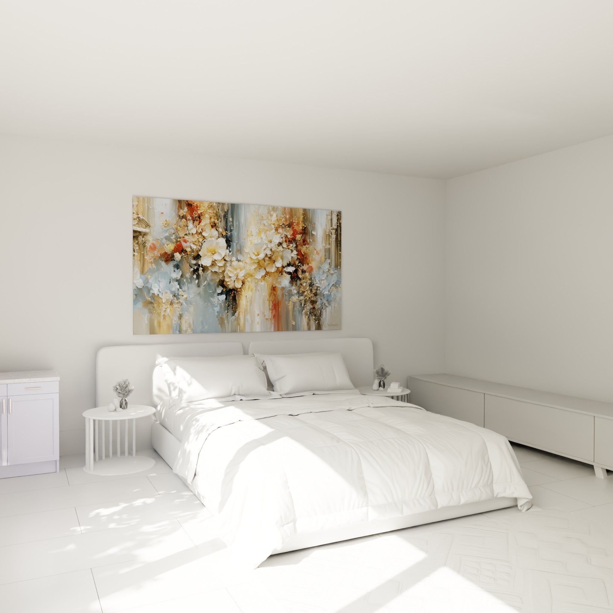 Bouquet doré traversé de blanc et rouille, tableau fleur abstrait au-dessus d'un lit dans une chambre claire