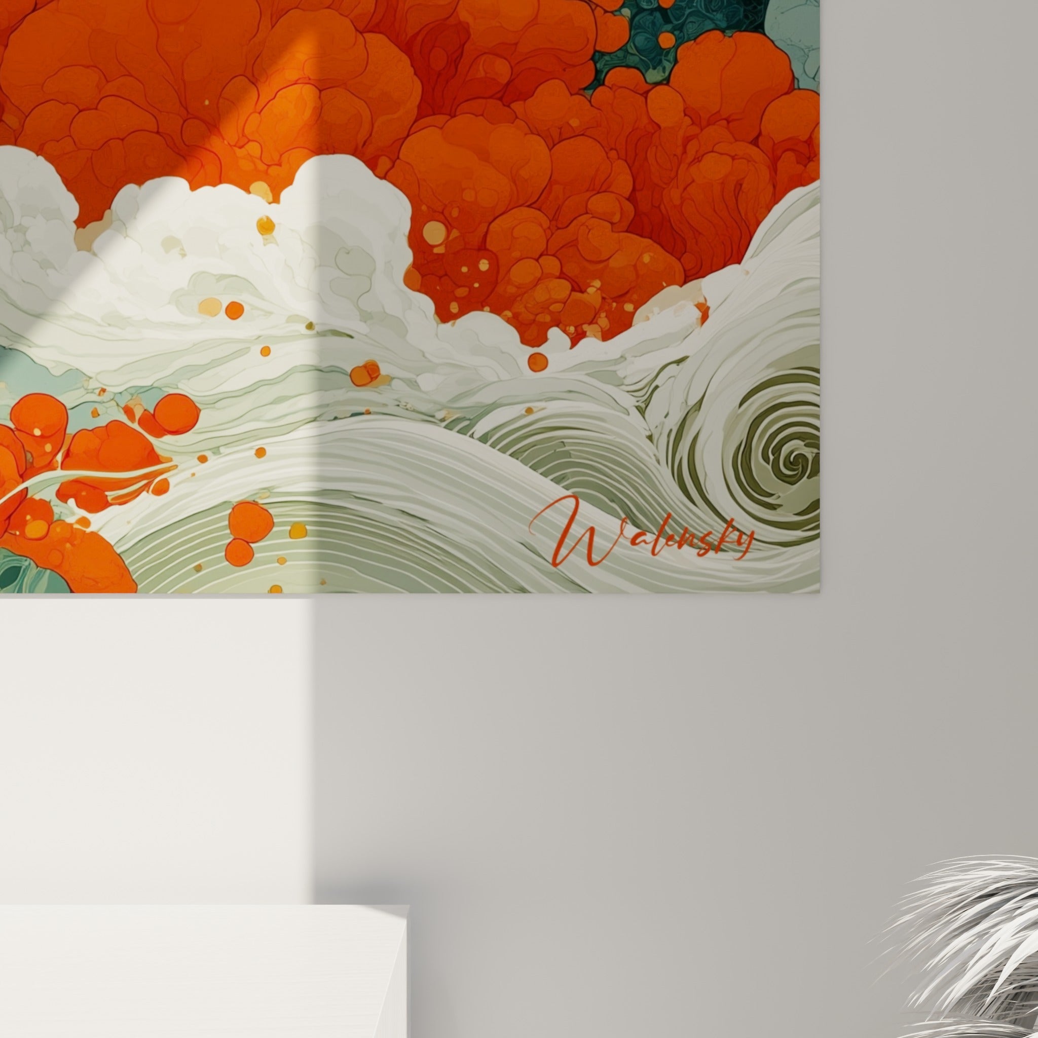 Détail des empâtements orange et sarcelle révélant le grain et les coulures de la toile florale