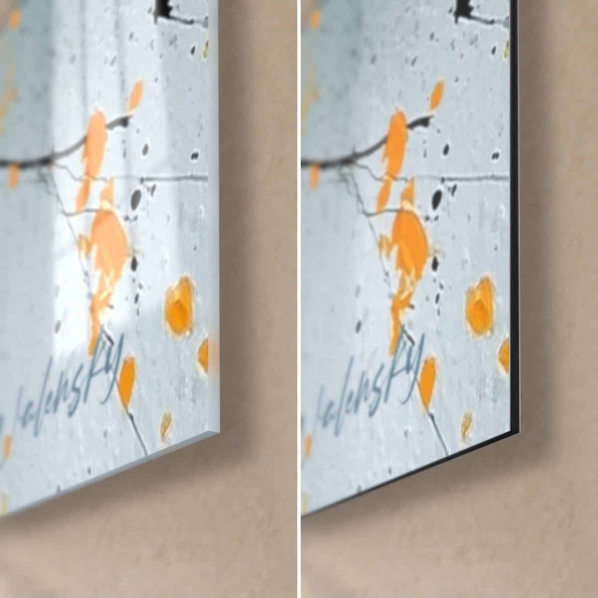 Gemälde abstrakte orange und blaue Blumen, untere rechte Ecke: glänzendes Acrylglas links, matter Dibond-Alu rechts, schwarze Kante