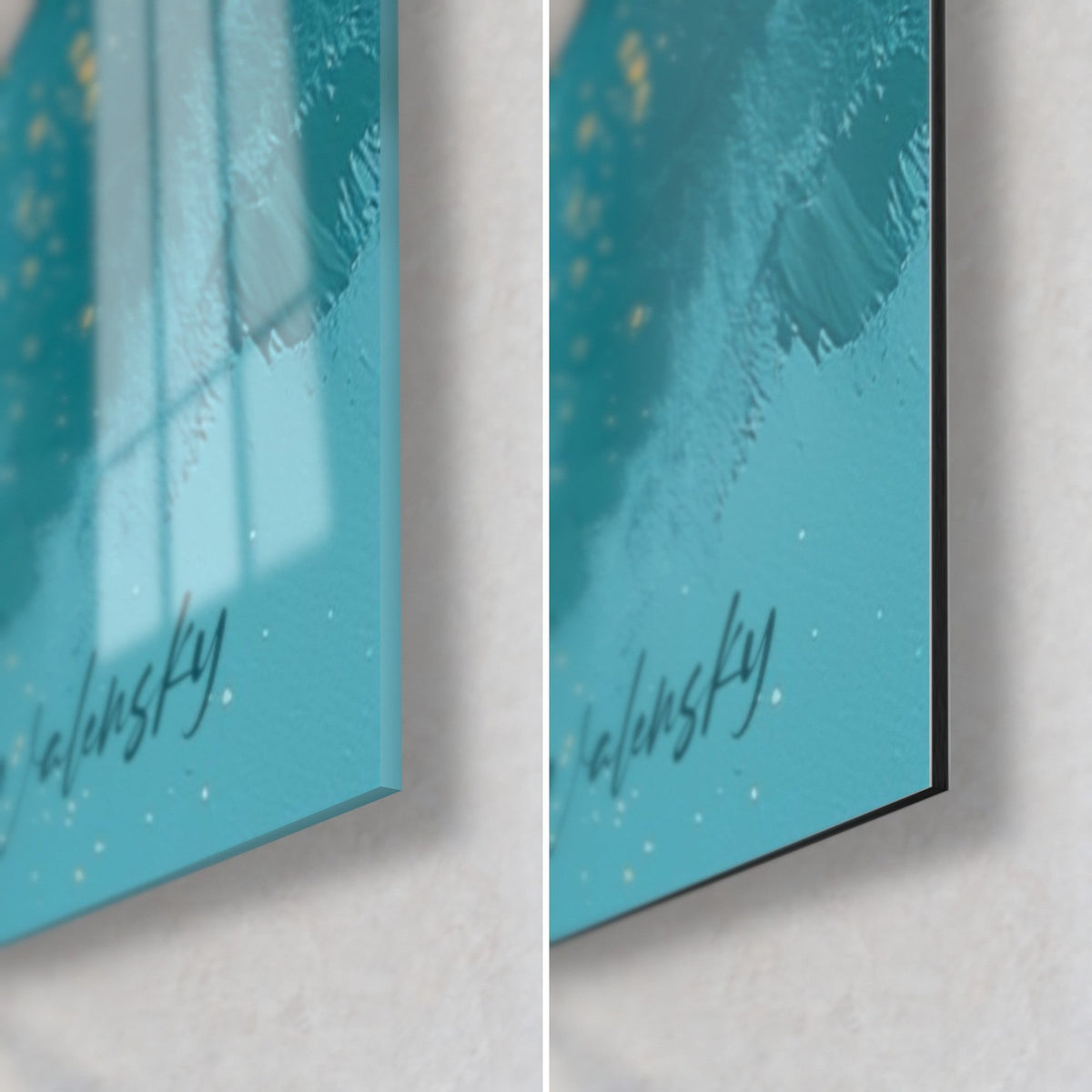 Quadro peonie astratte bianche e arancio, angolo in basso a destra: vetro acrilico lucido a sinistra, alluminio Dibond opaco a destra, bordo da 3 mm