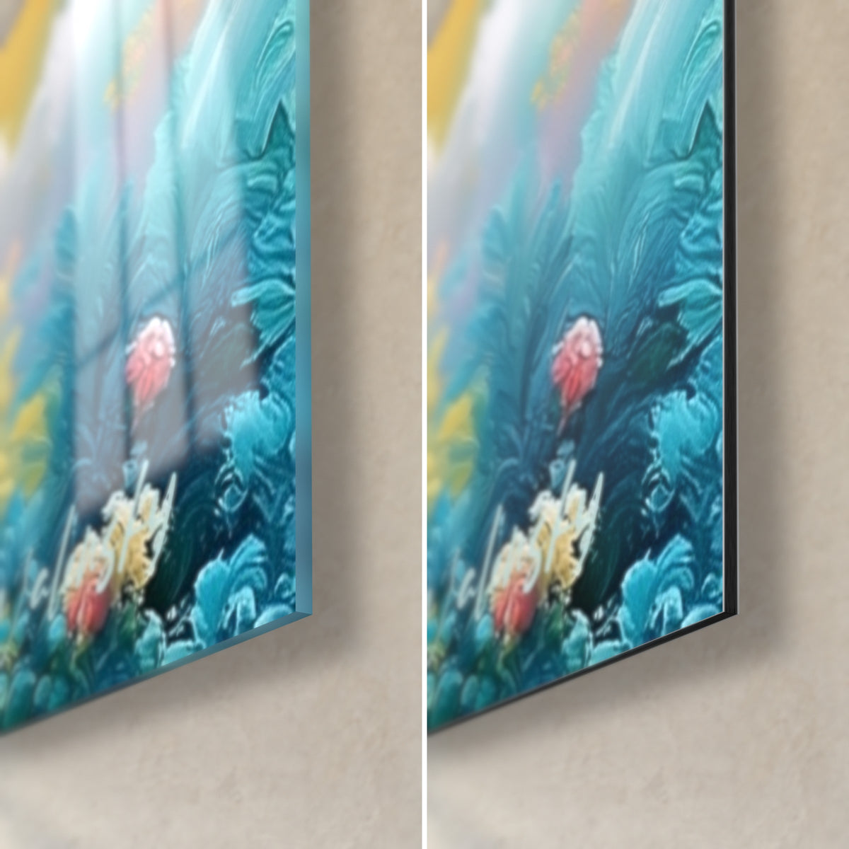 Wall art turquoise peonies with feathery petals and a pink bud, bottom right corner: glossy glass on the left, matte Dibond on the right