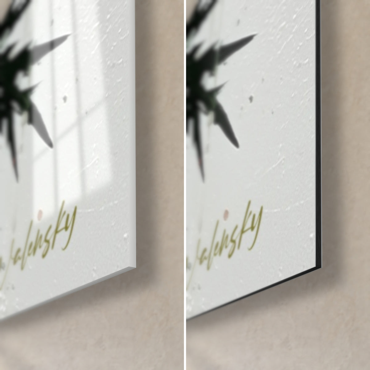 Wall art abstract flowers, bottom right corner: gold signature on ivory background, glossy glass reflecting on the left, matte black Dibond on the right