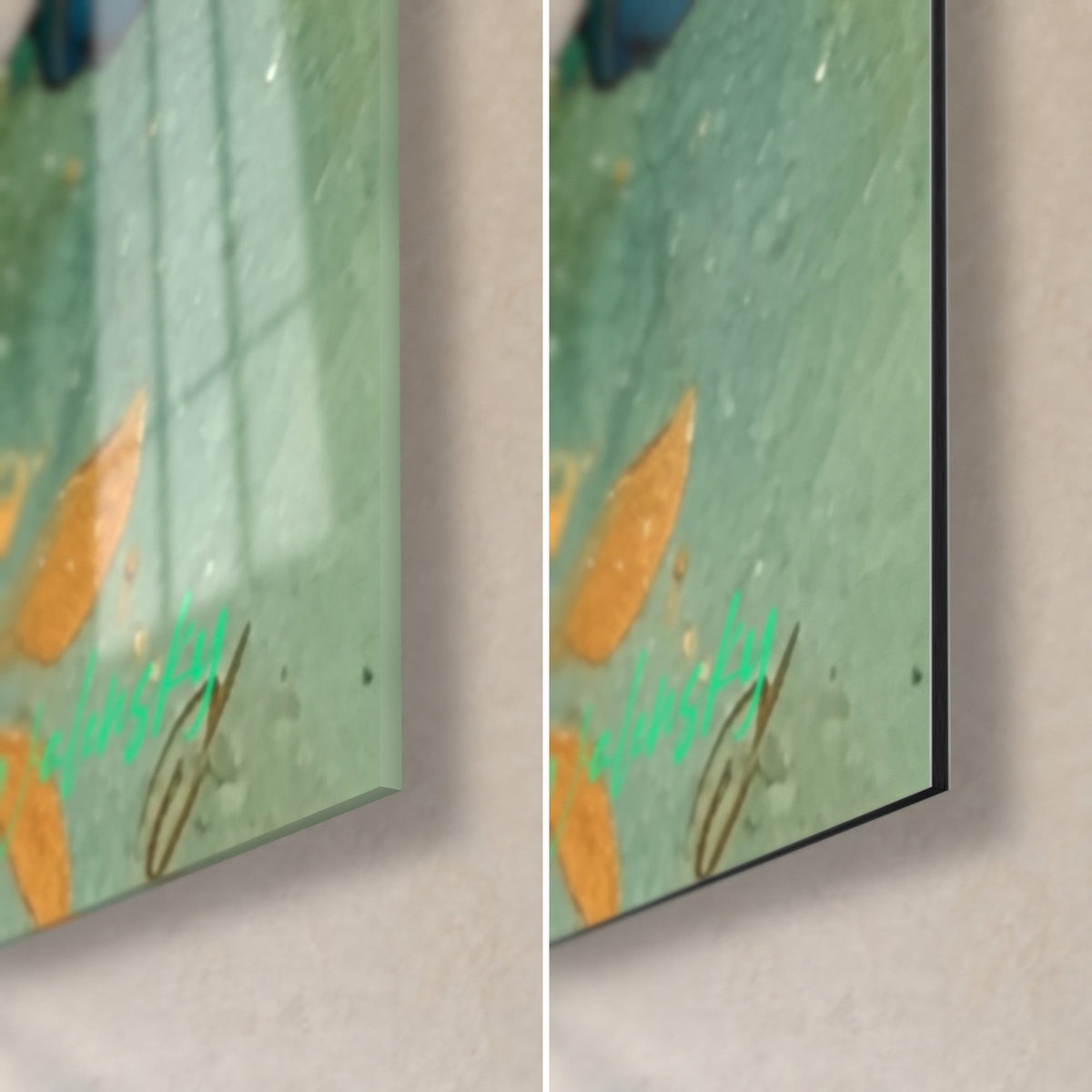 Schilderij bloemen in turquoise en goud, rechtsonder: glanzend acrylglas links, mat Dibond-aluminium rechts, rand van 3 mm