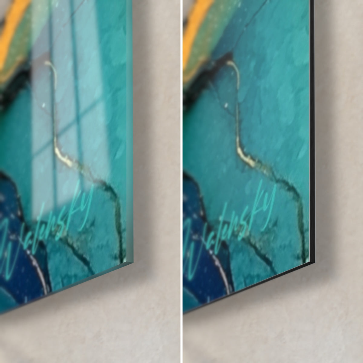 Gemälde Blütenpracht in Türkis und Gold, Ecke unten rechts: glänzendes Acrylglas links, mattes Dibond-Aluminium rechts, 3 mm Kante