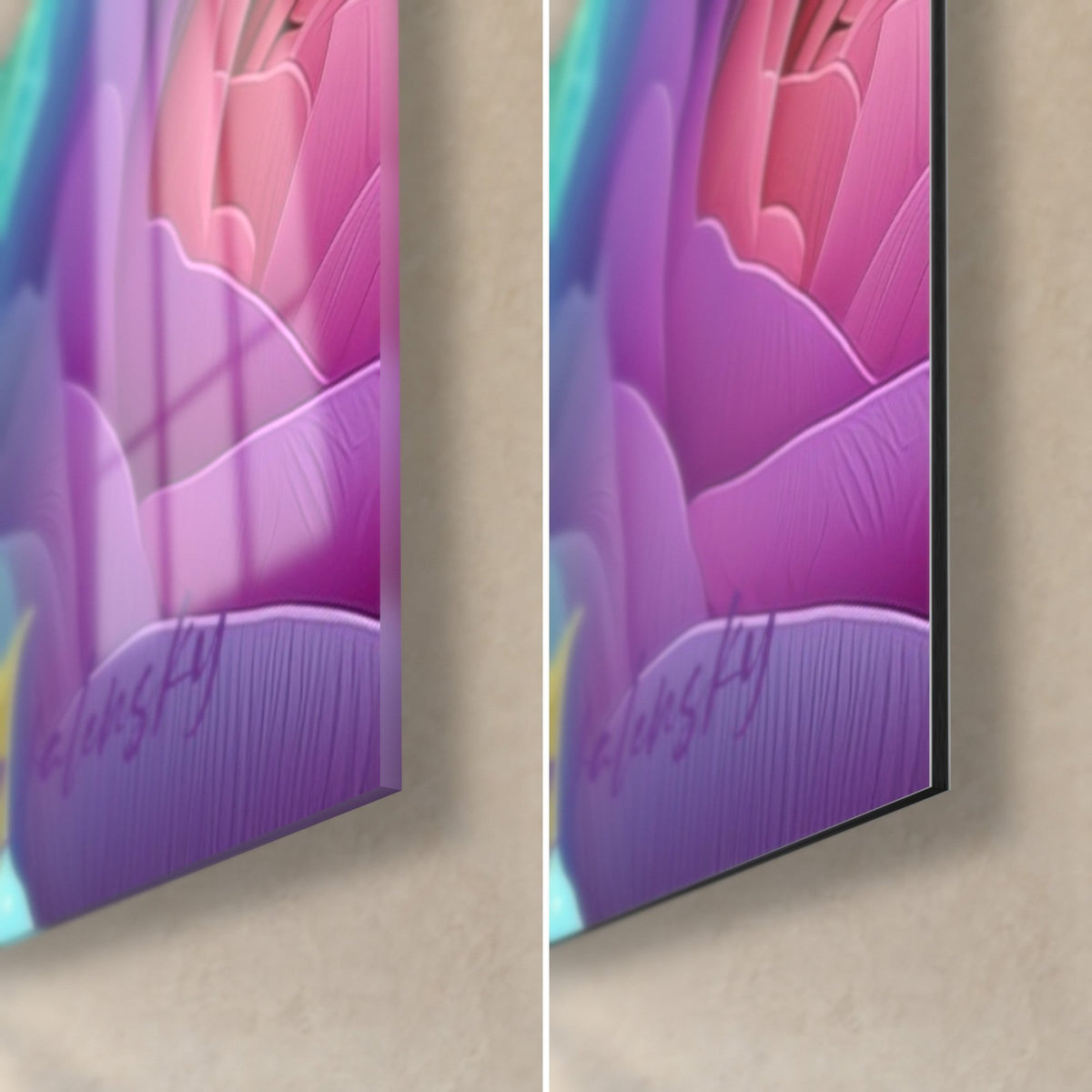 Quadro peonia viola dai petali rosa lilla, angolo in basso a destra: vetro lucido a sinistra, alluminio Dibond opaco a destra, spessore 3 mm