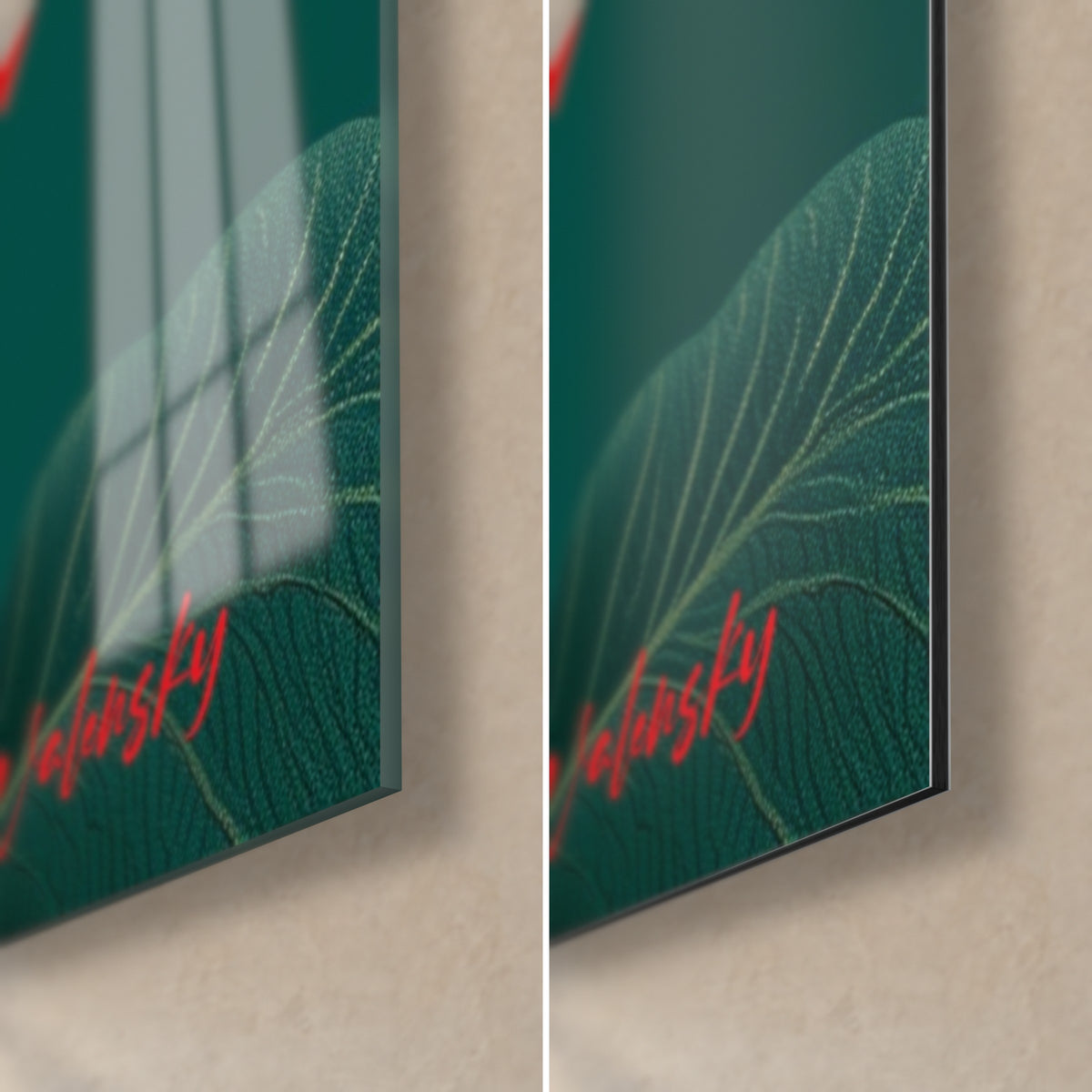 Wall art red flowers on a deep green background, engraved leaf veins, red signature, lower right corner in glossy glass and matte Dibond