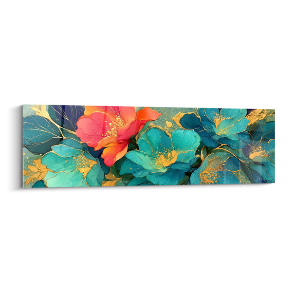 Tableau Fleurs turquoise et corail aux nervures dorées - Éclosion précieuse - Edition fleur abstrait