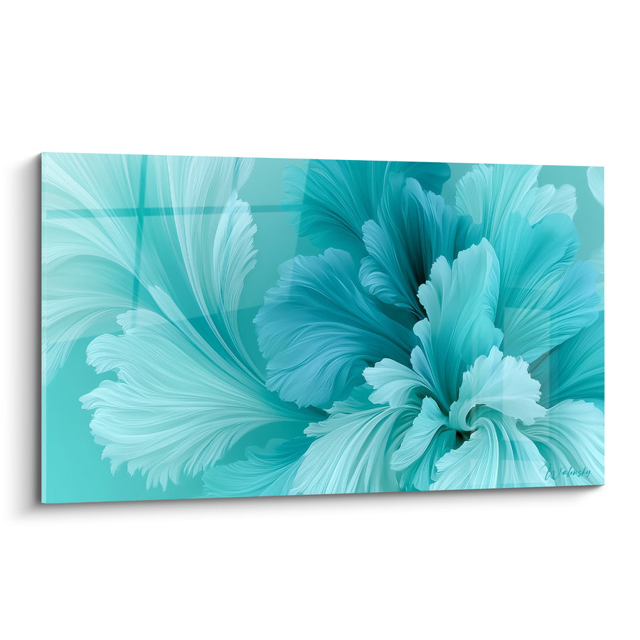 Tableau Fleur turquoise aux pétales déployés - Souffle marin - Edition fleur abstrait