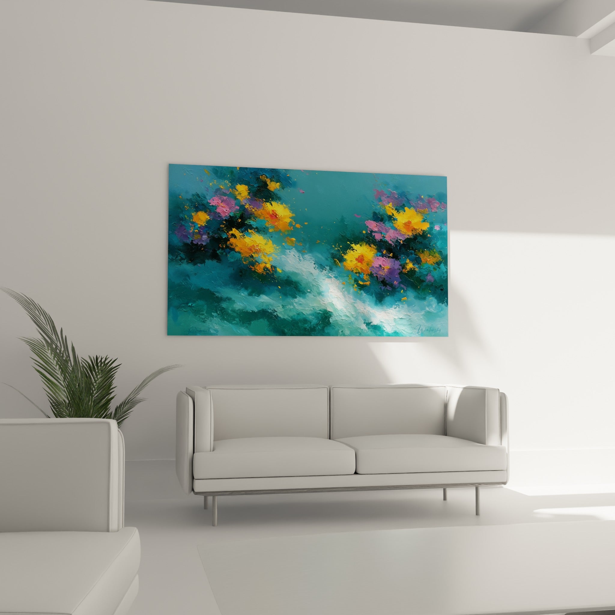 Massifs floraux dorés et mauves émergeant d'une vague turquoise, placés au-dessus d'un canapé dans un salon lumineux