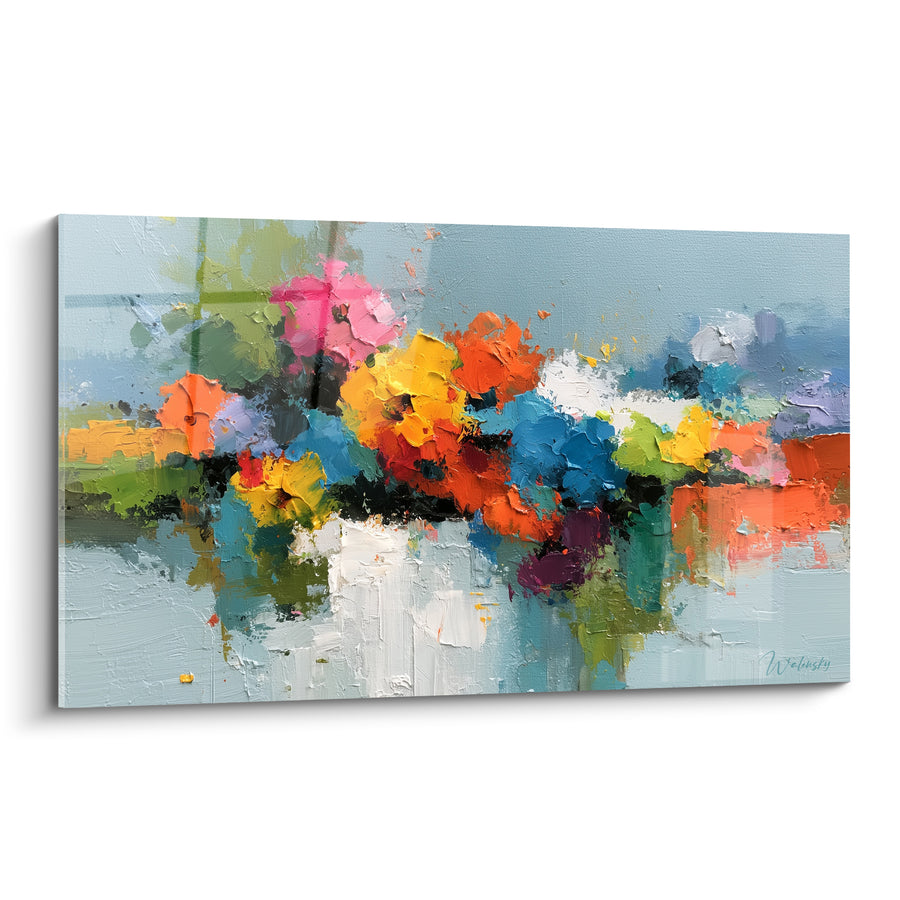 Tableau Bouquet multicolore orange et bleu dans vase blanc - Reflet sur table claire - Edition fleur abstrait
