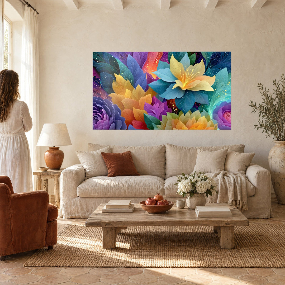 Quadro fiore dorato dai petali turchesi, fogliame viola e arancio, donna di spalle, sopra un divano in un soggiorno luminoso
