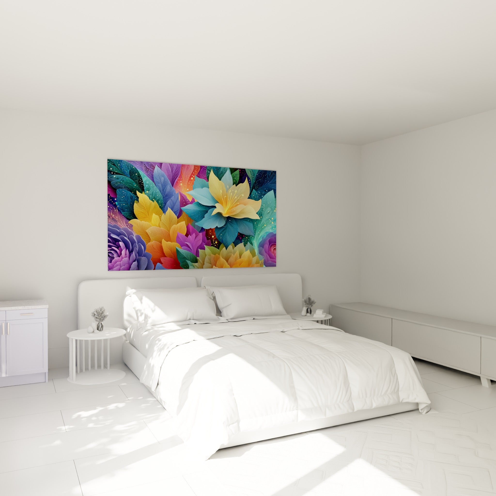 Composition florale dorée et violette de fleur abstrait au-dessus d'un lit dans une chambre claire