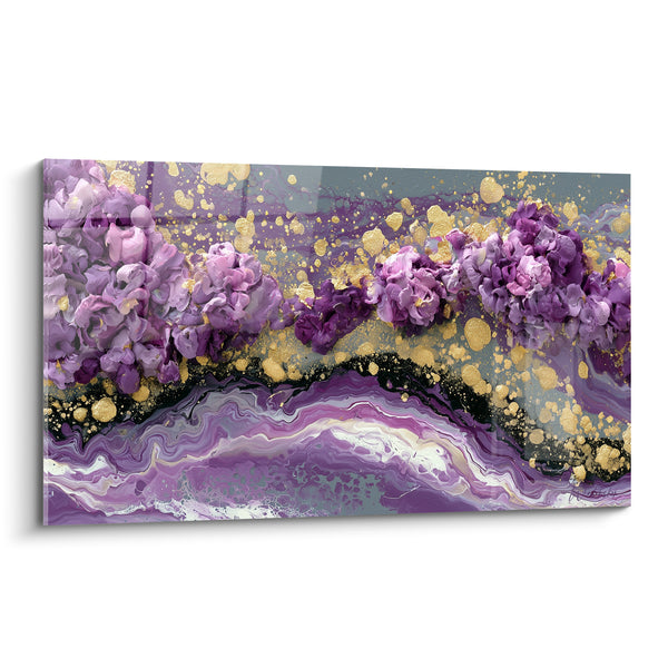Tableau Fleurs violettes et dorées sur vagues marbrées - Rivage doré - Edition fleur abstrait