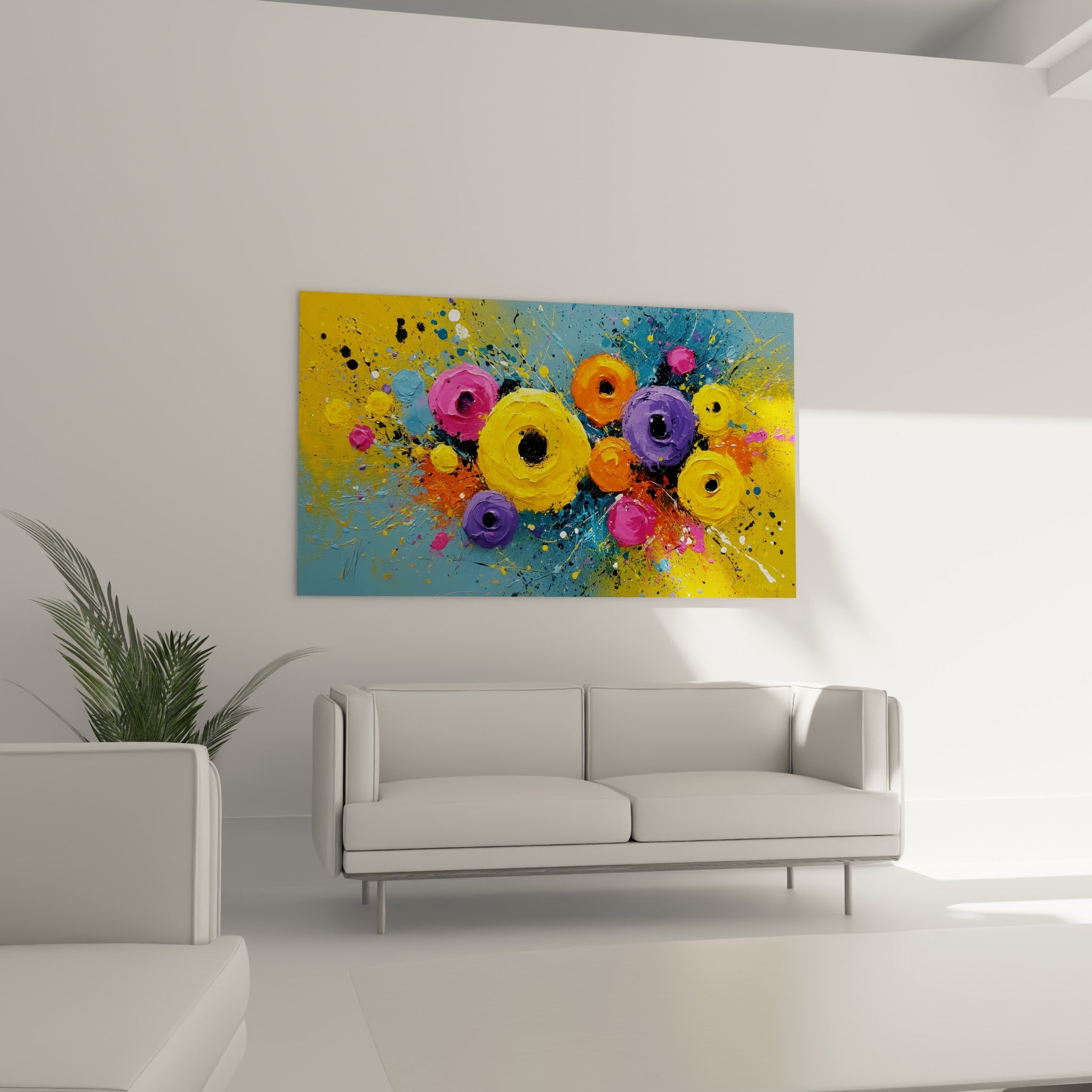 Corolles violettes et orange en relief sur fond bleu et jaune, au-dessus d'un canapé dans un salon lumineux