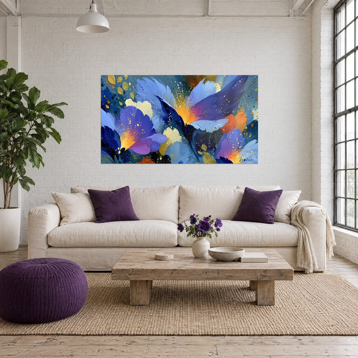 Wall art with large navy blue blooms splashed with gold, violet petals, above a sofa in a bright living room