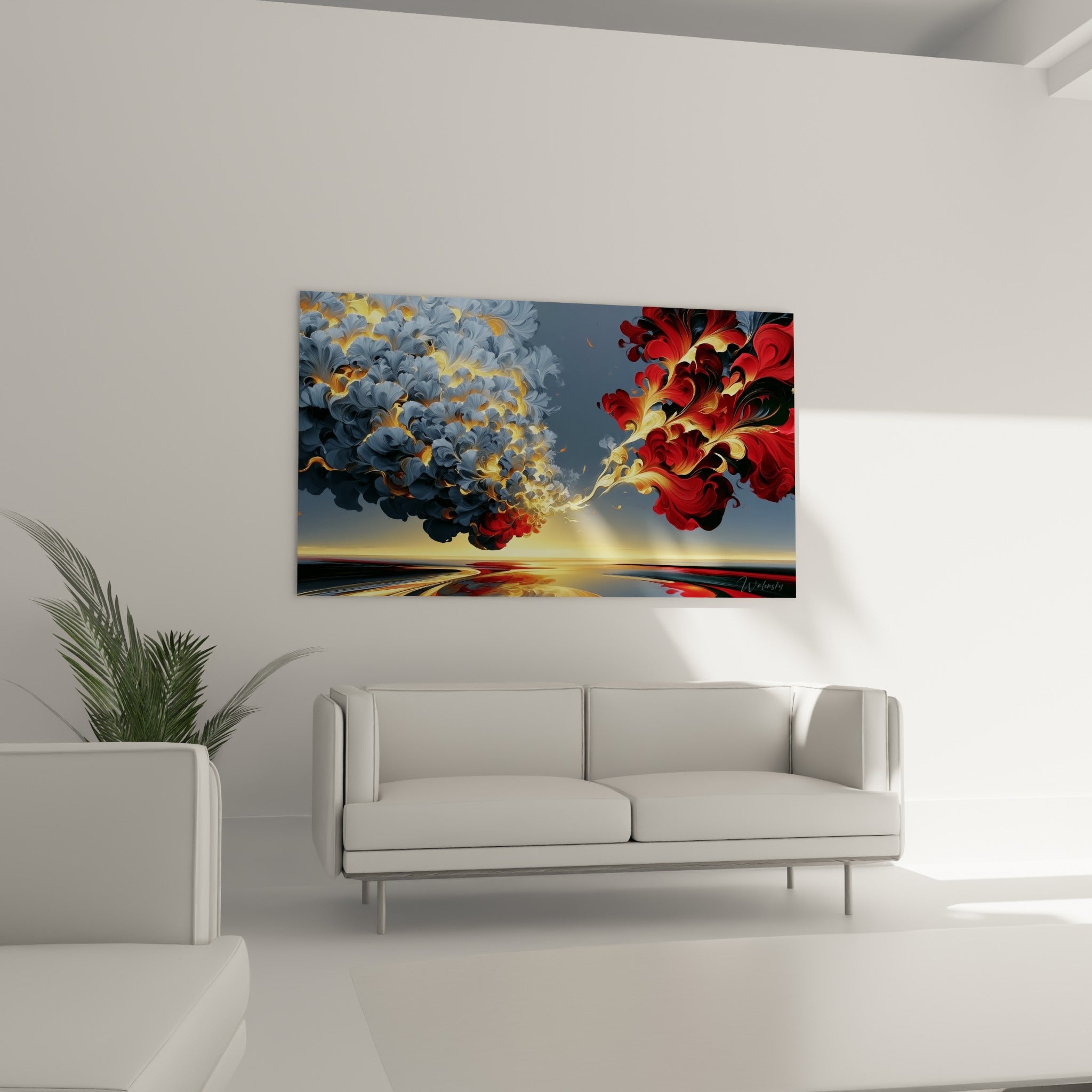 Nuées florales rouge et bleu anthracite d'un tableau abstrait, au-dessus d'un canapé dans un salon lumineux