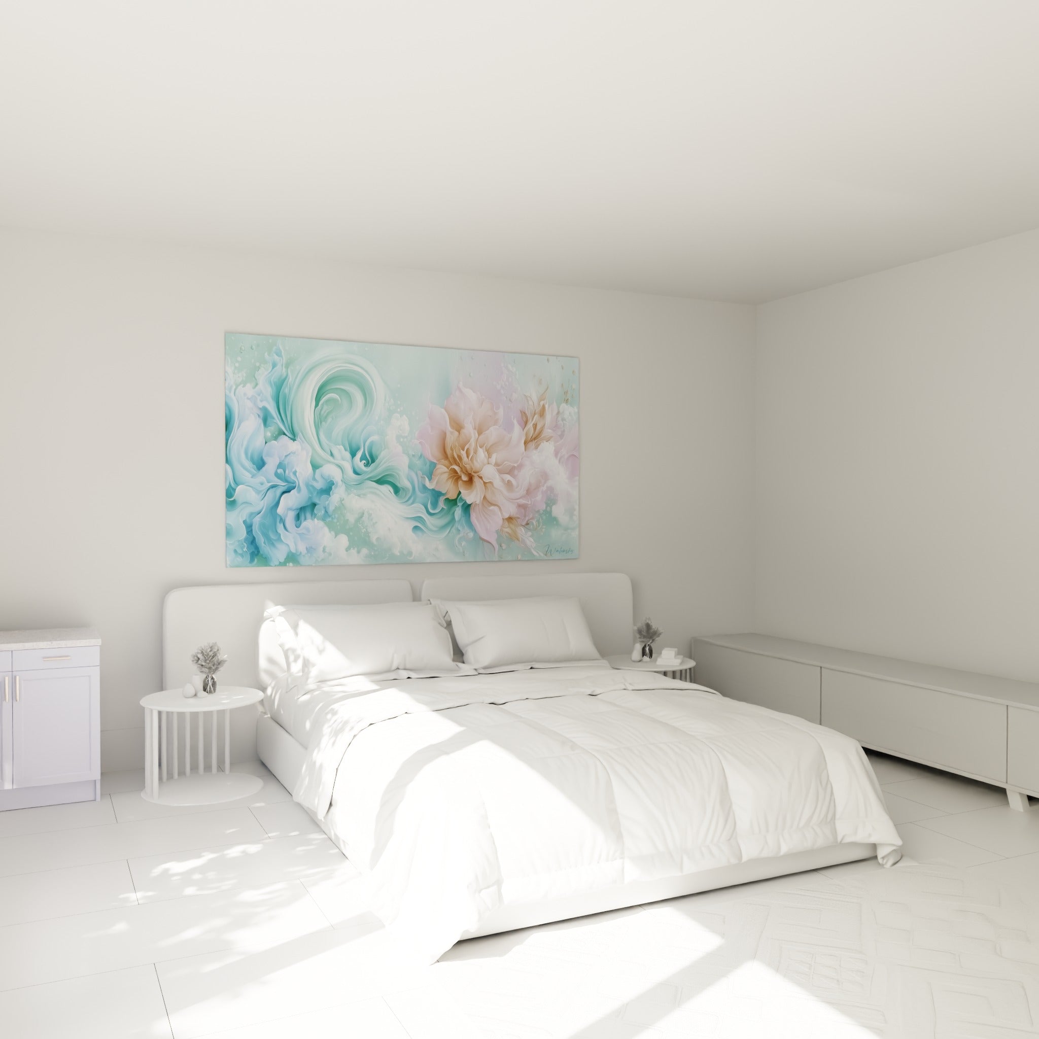 Volutes bleu turquoise et pivoine rose ornent ce tableau fleur abstrait au-dessus d'un lit dans une chambre claire