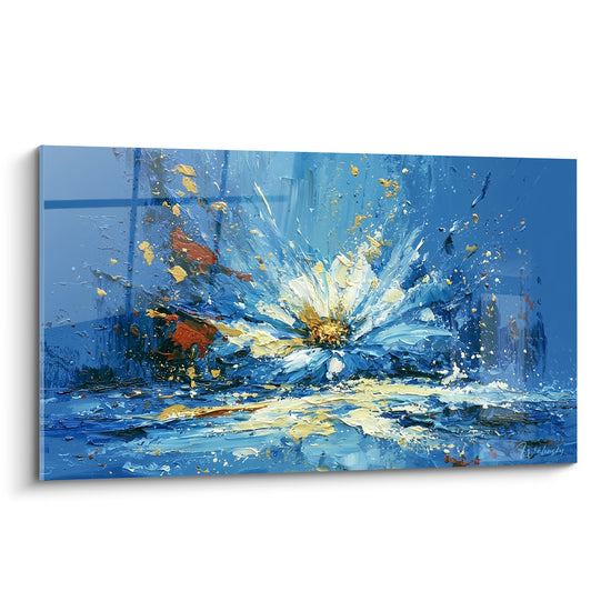 Tableau Fleur explosive bleu et blanc éclaboussée d'or - Reflet sur eau sombre - Edition fleur abstrait