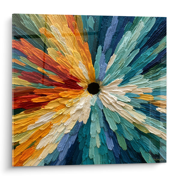 Tableau Fleur explosée bleu pétrole et orange safran - Éclosion centrifuge - Edition style Peinture abstrait