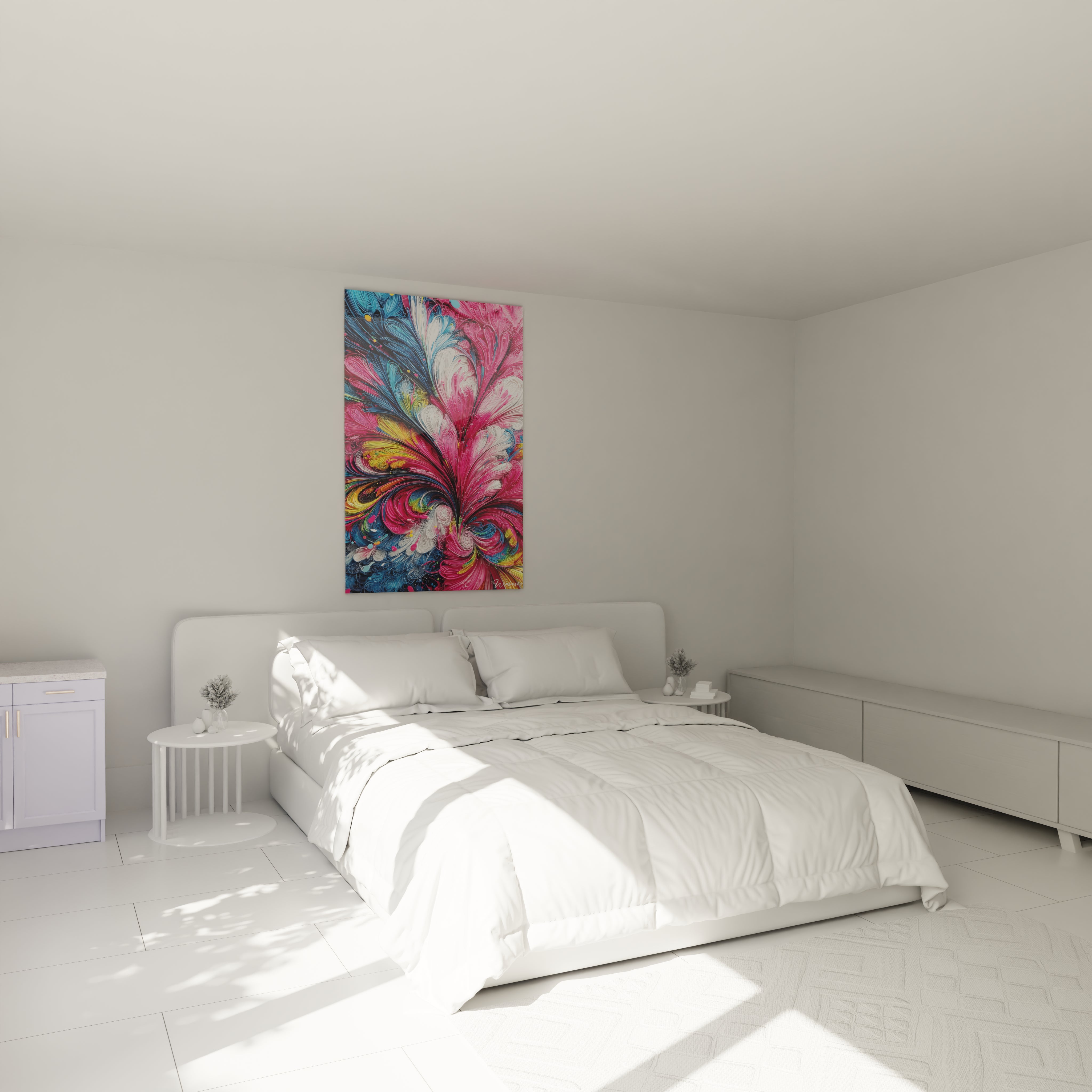 Tableau fleur abstraite dans chambre moderne, décoration murale colorée rose et bleu contemporaine