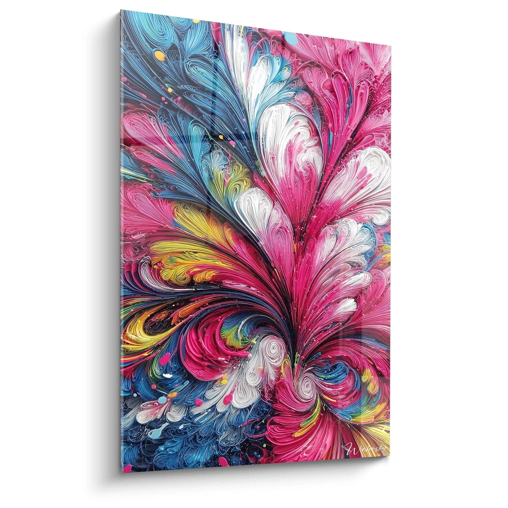 Tableau mural fleur abstraite multicolore rose et bleu, art moderne décoratif couleur en folie