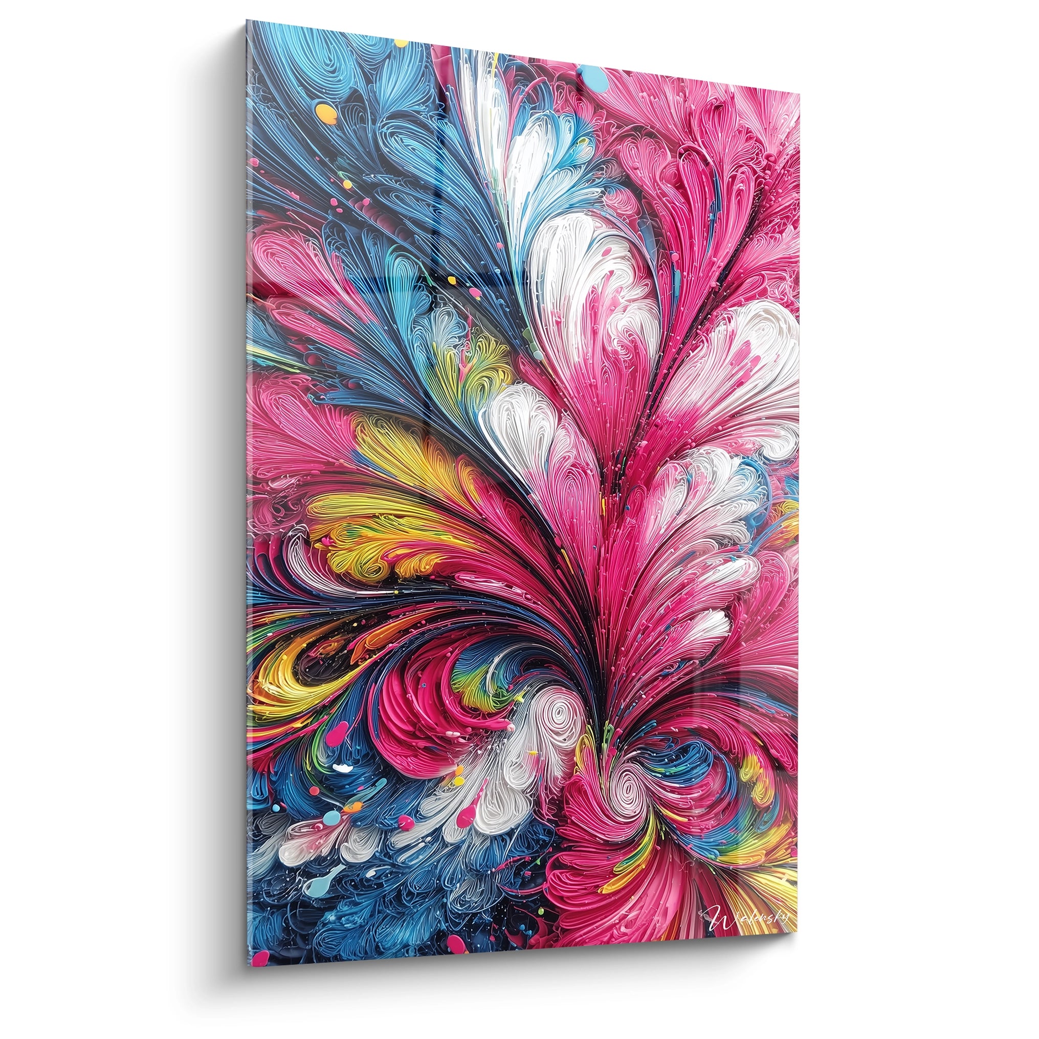 Tableau mural fleur abstraite multicolore rose et bleu, art moderne décoratif couleur en folie