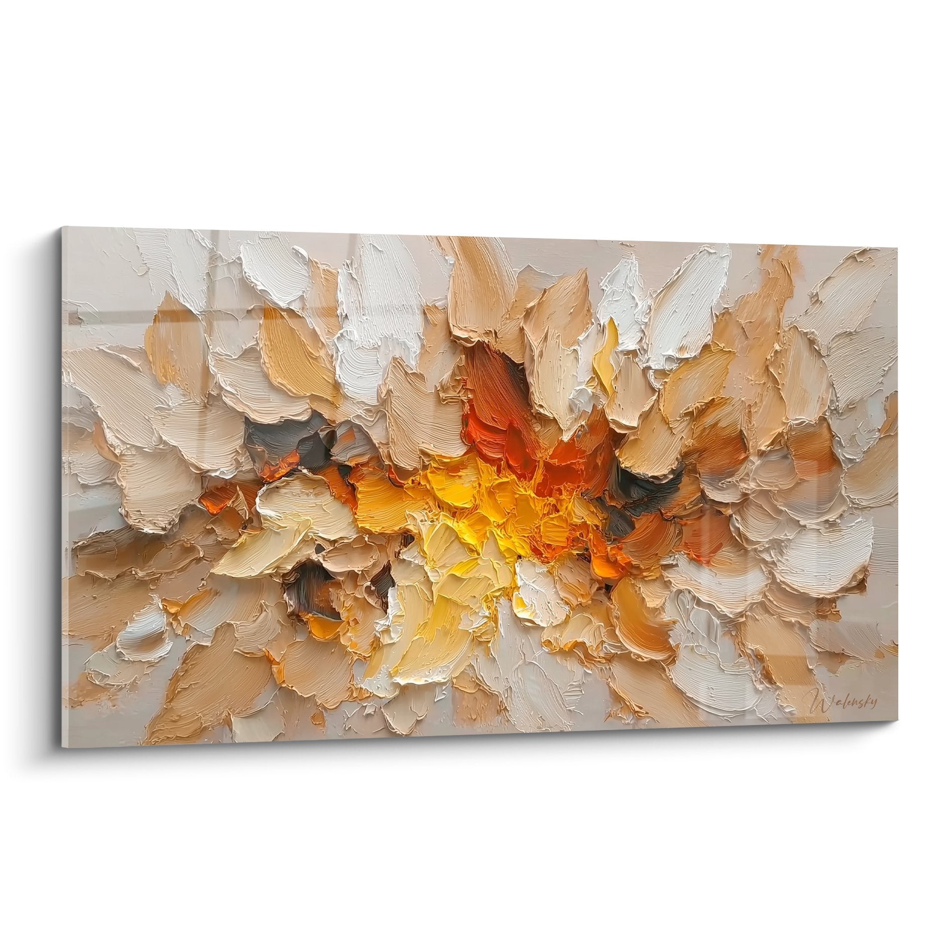 Abstract orange and beige flower painting with textured petals, oil painting with thick impasto brushstrokes