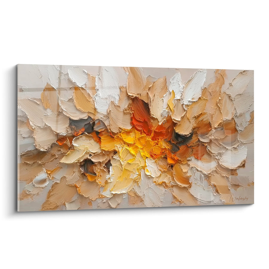 Tableau fleur abstraite orange et beige aux pétales texturés - Éclat Solaire - Edition Feng shui Centre Terre