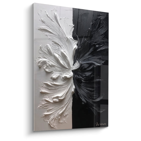 Tableau fleur abstraite relief blanc noir contraste textural dualite feng shui nord-ouest metal moderne