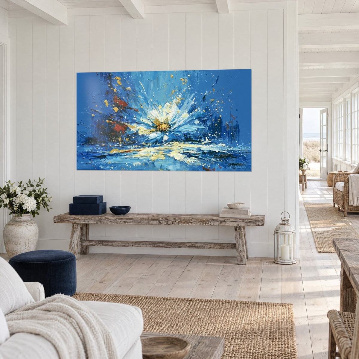 Wall art with thick paint petals in ultramarine blue and ivory, rust spots, on a wood-paneled wall, three-quarter view