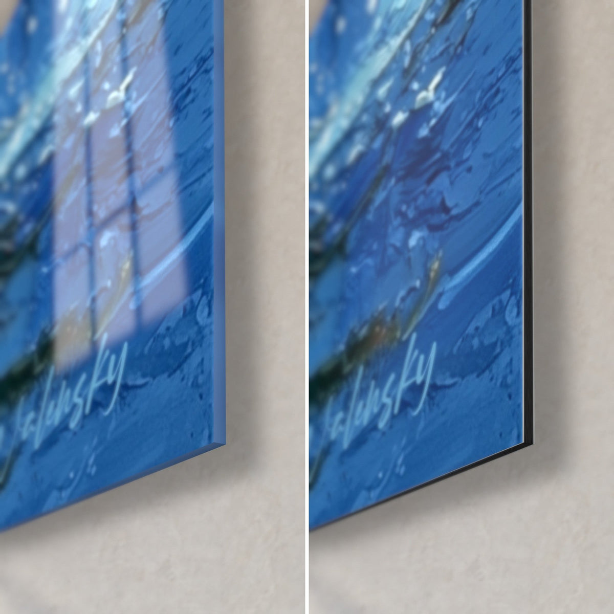 Wall art of a burst flower in blue and gold, bottom right corner: glossy acrylic glass with reflections, matte black Dibond, 3 mm edge