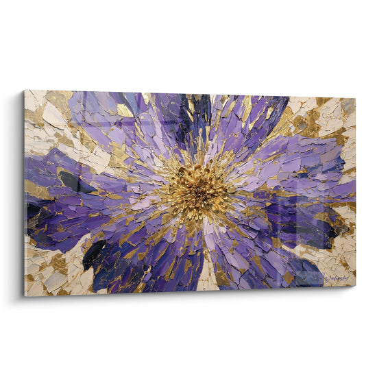 Abstraktes Blumenbild violett und golden mit rissiger Textur Strahlenstern Feng Shui Südosten Holz