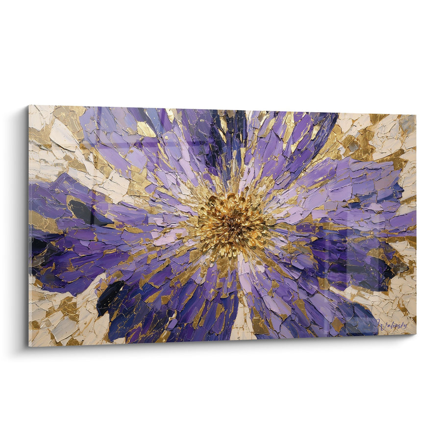 Tableau Fleur Abstraite Violette et Or à Texture Étoilée - Rayonnement Spirituel - Edition Feng shui Sud-Est Bois