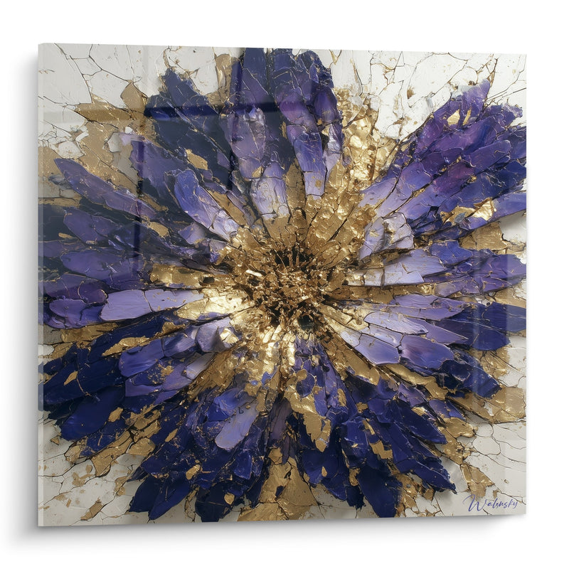 Tableau fleur abstraite violette et dorée avec texture craquelée - Explosion florale - Edition Feng shui Sud-Est Bois
