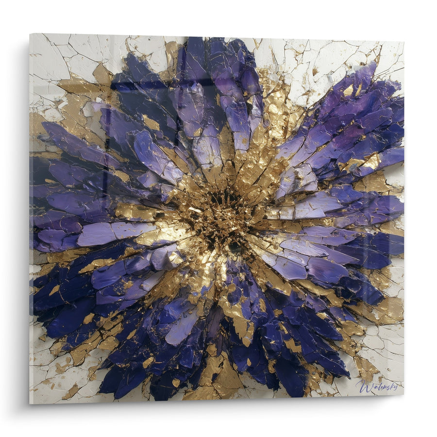 Tableau fleur abstraite violette et dorée avec texture craquelée - Explosion florale - Edition Feng shui Sud-Est Bois