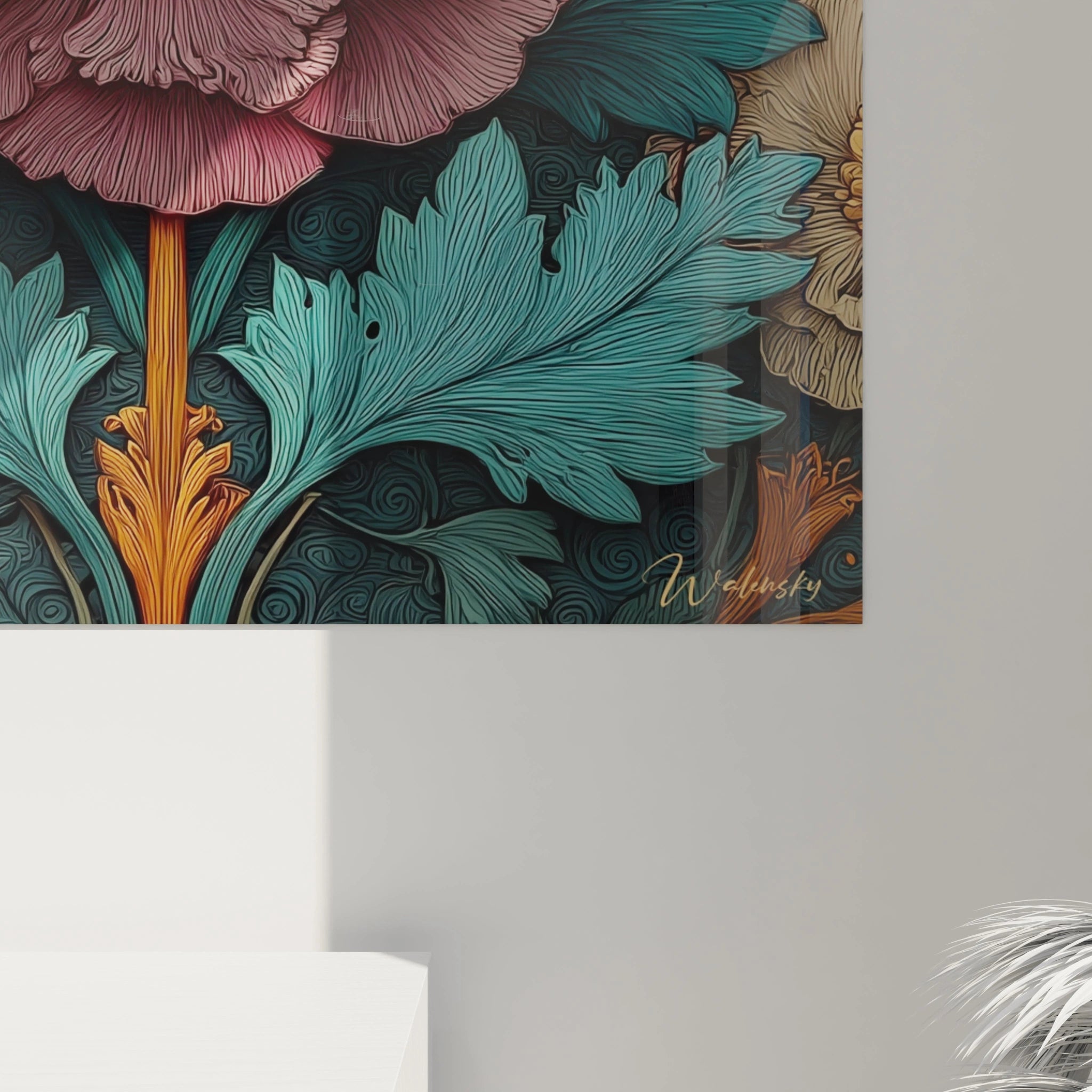 Tableau fleur art nouveau Walensky gros plan feuille turquoise et fleur rose avec details ornementaux et signature