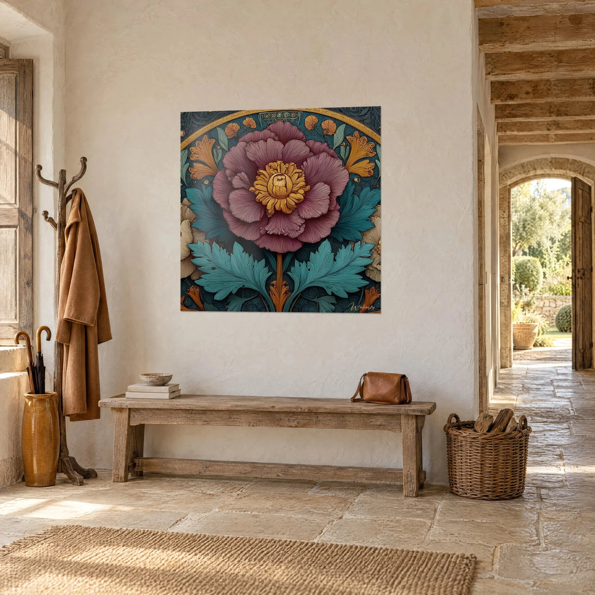 Gemälde Jugendstil-Blume mit pflaumenfarbenen Blütenblättern und ockerfarbener Mitte, blaugrünes Laub, an einer verputzten Wand eines Steinhauses