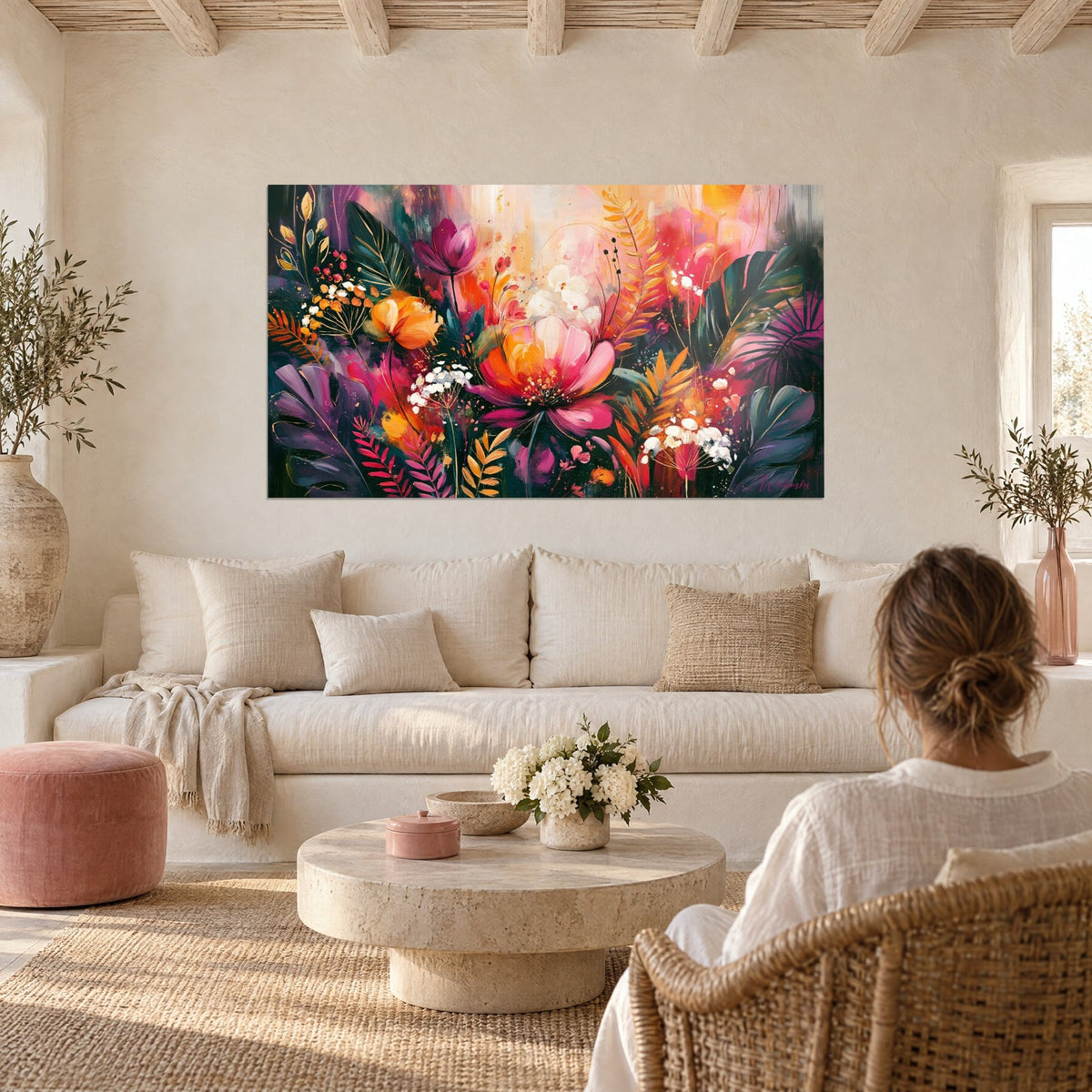 Gemälde Pfingstrosenblüte in Rosa und Orange, umgeben von anthrazitfarbenem Blattwerk, über einem Sofa in einem hellen Wohnzimmer