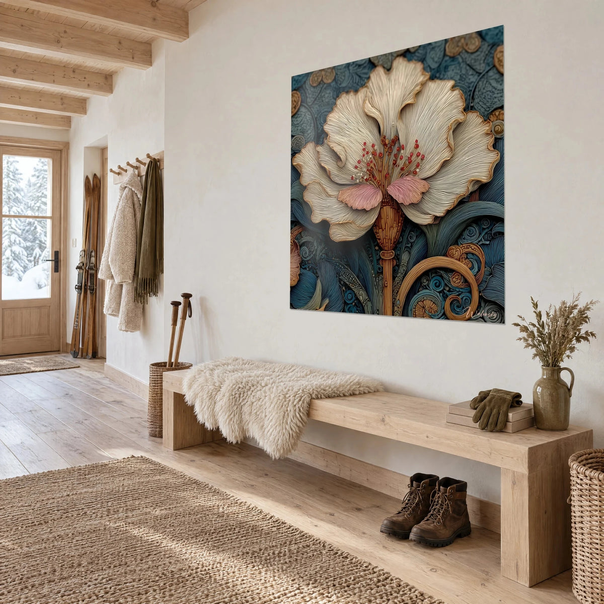 Cuadro con corola crema, estambres rojos, pétalos rosas y volutas cobrizas sobre azul profundo, colgado en la entrada de un chalet