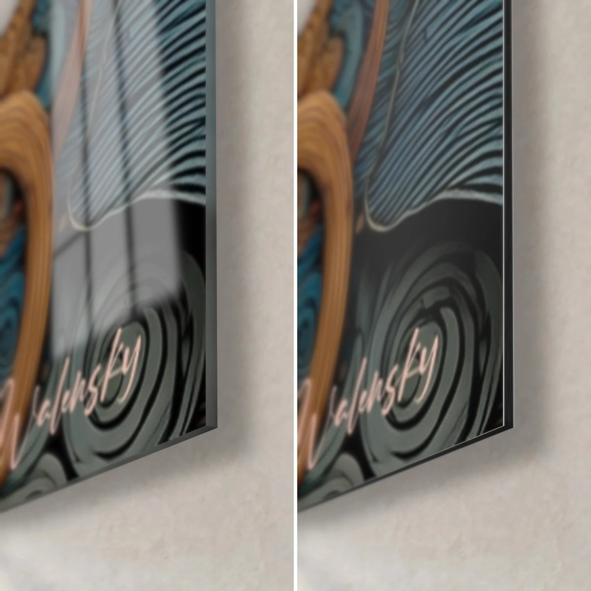 Cuadro con flor Art Nouveau, esquina inferior derecha: cristal acrílico brillante con reflejos y aluminio Dibond mate, canto de 3 mm, volutas azul noche