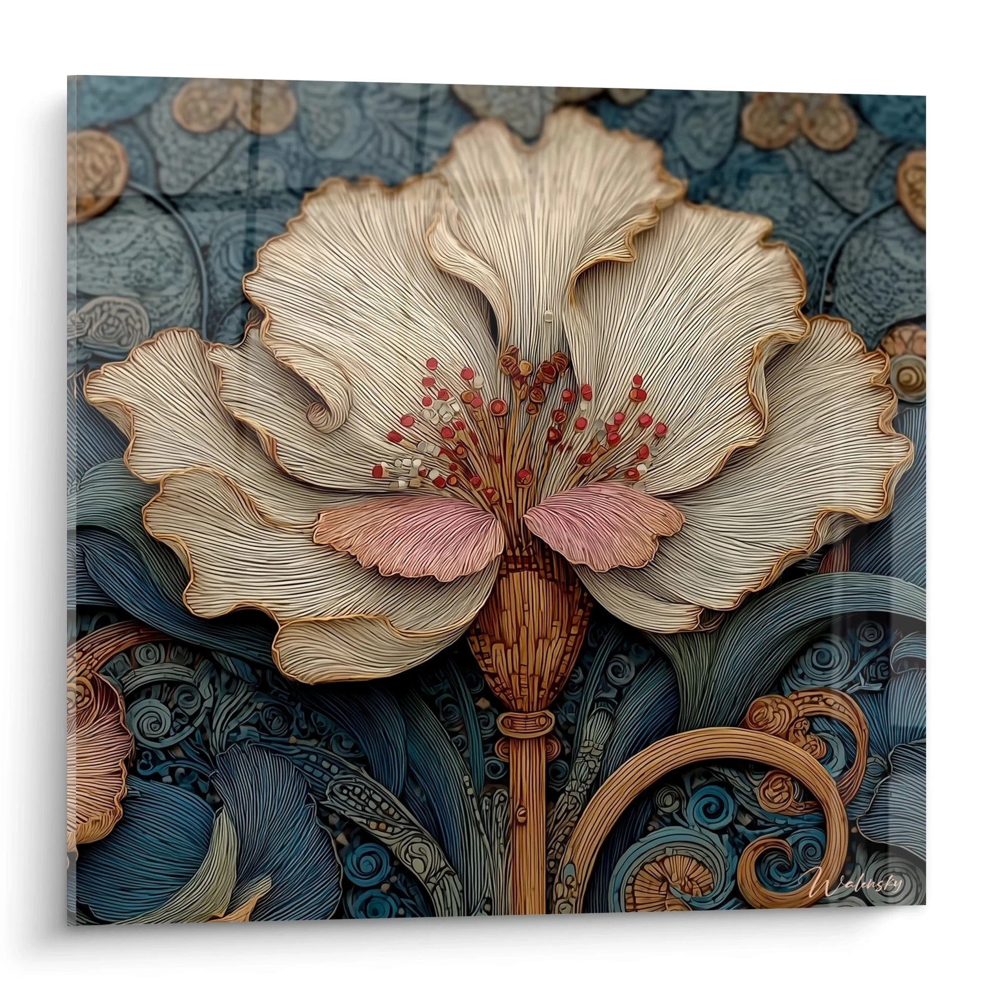 tableau art nouveau fleur Walensky mural décoratif grande fleur stylisée crème et bleu aux motifs ornementaux détaillés