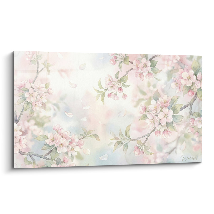 Tableau Fleurs de pommier roses et vertes pétales flottants - Branches en cadre - Edition Fleur