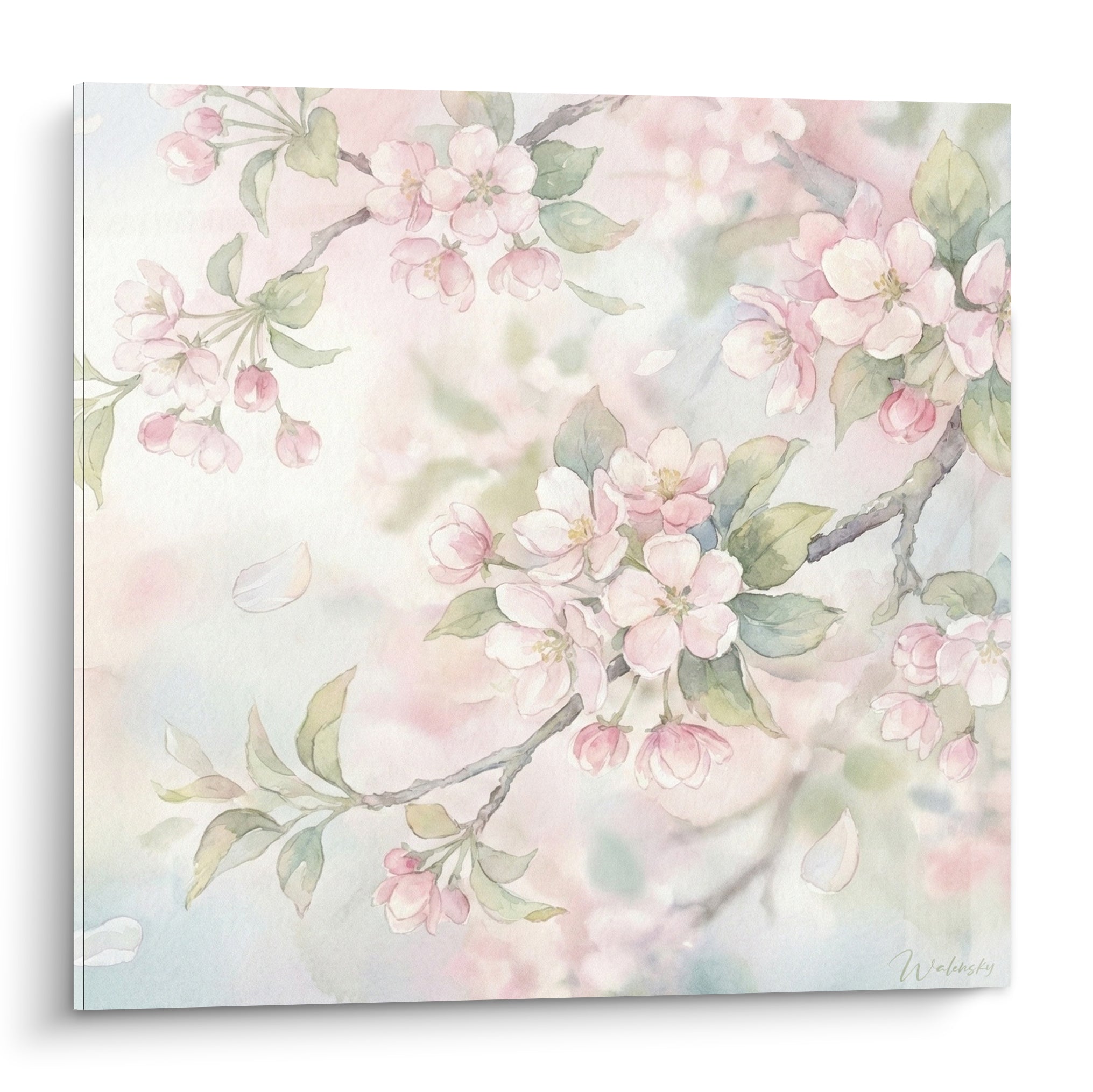 Fleurs de cerisier rose pastel et vert tendre en aquarelle sur fond brumeux clair