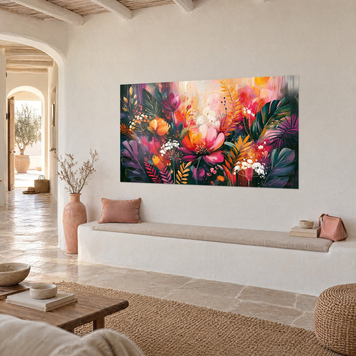 Gemälde leuchtender Gartenblumen mit fuchsiafarbenen und safrangelben Blütenblättern auf dunklem Grund, gekalkte Wand eines mediterranen Hauses