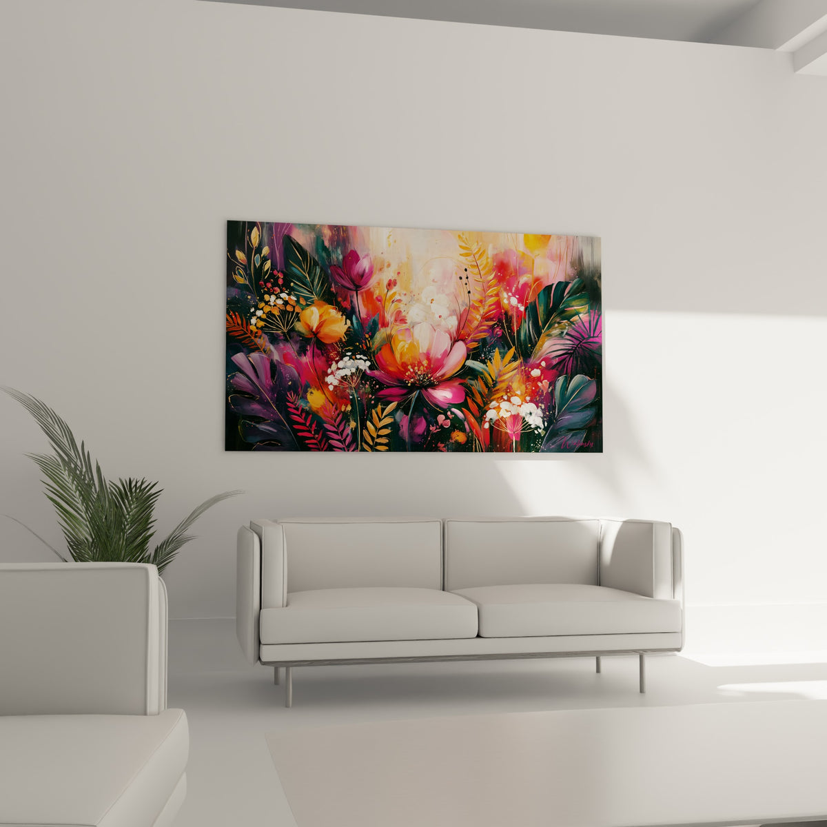 Composition florale rose et dorée aux feuilles pourpres profondes, suspendue au-dessus d'un canapé dans un salon lumineux