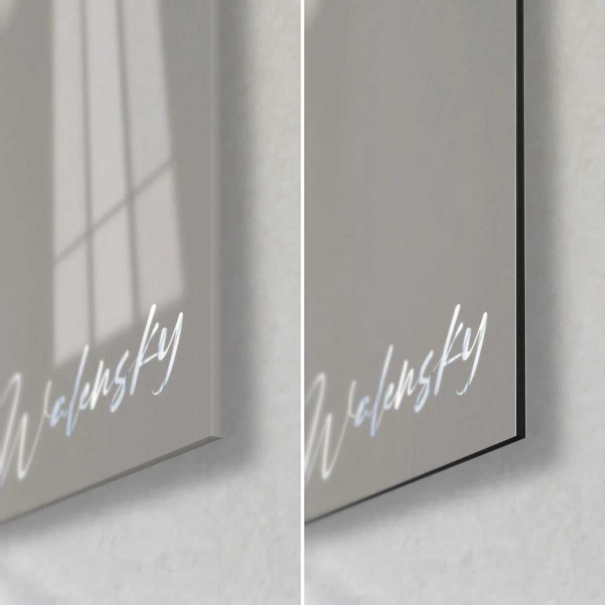 Wall art of a blue and white porcelain pink, bottom right corner: glossy acrylic glass on the left, matte grey Dibond on the right, 3 mm edge