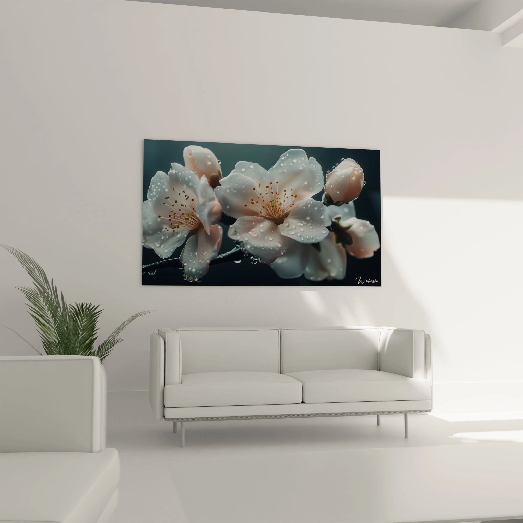 Un tableau Fleur de cerisier nature illustrant une branche sombre portant des fleurs en éclosion, avec des nuances de blanc et or rose, des textures douces et un effet de profondeur marqué.

